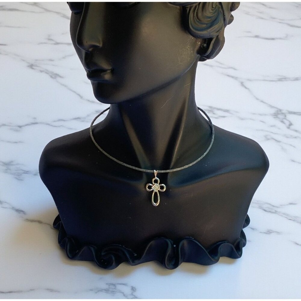 Small Cross Silver-Tone Pendant With Cubic Zirconia Accents - Picture 3 of 9